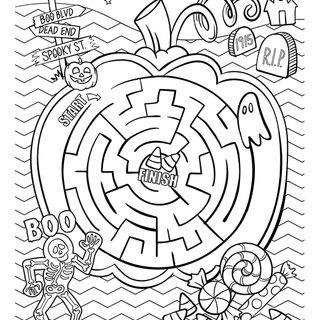 an apple maze is shown in this coloring page Halloween Maze Otomi Embroidery Playmat Fun Halloween Coloring Activity, Halloween Maze Coloring Page, Halloween Party Game Ideas, white