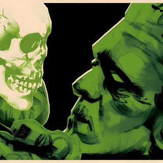 an image of two people that are looking at each other's skull face expressions Frankenstein Halloween Frankenstein Imagery, Frankenstein Poster Drawing, Frankenstein Background Image, dark olive green