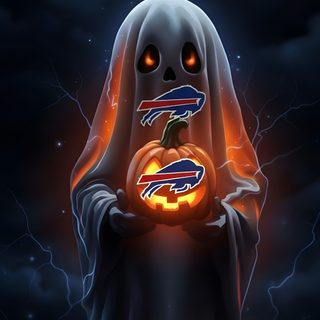 a ghost holding a pumpkin with the buffalo bills on it's face and glowing eyes Buffalo Bills Halloween Buffalo Bills, Halloween, Buffalo, black