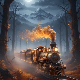 a painting of a train traveling through a forest at night with the moon in the background Halloween Train Christmas Train, Transportation, Train, Winter, dark slate gray