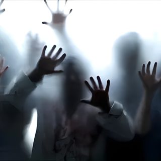 several people with their hands up in front of a glass window, while the image is blurry Halloween Zombie Zombie Themed, Apocalypse Aesthetic Pc, Zombies 4k, Horror Pc Backgrounds, dark slate gray