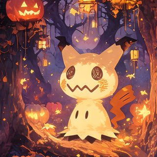a painting of a cat sitting in the middle of a forest surrounded by pumpkins Pokemon Halloween Iphone Pokémon Halloween, Halloween Pokémon, Halloween Pokemon, saddle brown