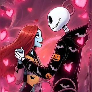 a skeleton hugging a woman with hearts in the background Halloween Jack And Sally Jack Skeleton And Sally, Jack Skeleton, Jack And Sally, Eternal Love, brown