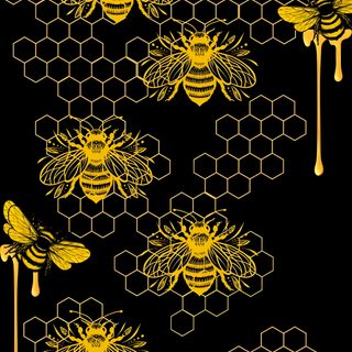 bees on honeycombs in yellow and black, against a dark background with honey dripping from the top Halloween Bees Accent Ideas Honeycomb Bee, Bee On Black Background, Bee Hive Background Aesthetic,
