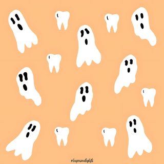 a group of white ghost faces with black dots on them Dental Halloween Desktop Snoopy, Spooky Teeth, Cute Dental Backgrounds, burlywood
