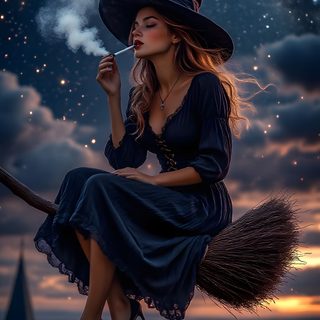 a woman in a witch costume sitting on a broom with her hand up to her mouth Beautiful Halloween Witch Witch Artwork, Witch Halloween, Witches, Good Witch, Witch Woman, dark slate gray