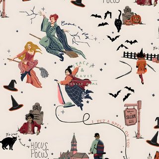 this is an illustration of people dressed up in halloween costumes and witches flying over the town Hocus Pocus Halloween Hocos Pocos, Hocus Pocus House, Hocus Pocus Book, Mary Skirt Hocus Pocus, antique white