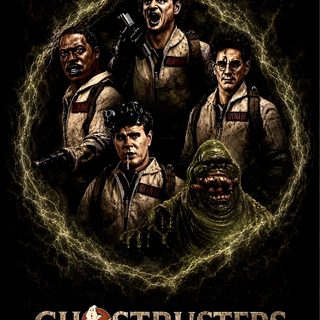 the poster for ghostbusters, which features four men in uniform and one is holding a Ghostbusters Halloween Tv, black