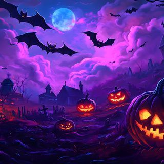 halloween pumpkins on the ground with bats flying in the sky above them at night 4k Halloween Halloween For Pc, Halloween Pc, Pc Halloween, Desktop Halloween, midnight blue