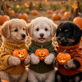 three puppies dressed up in sweaters and holding jack - o'- lanterns Cute Halloween Puppy sienna