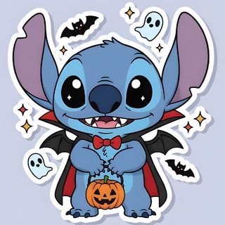 a blue sticker with a cartoon character holding a jack - o'- lantern Kawaii Kawaii Cute Stitch Halloween Vampire Stitch, Kawaii Kawaii Stitch Halloween, Halloween Stitch Tattoo, light gray