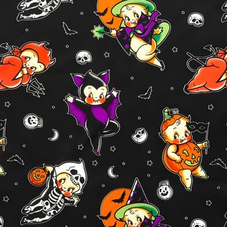 an image of halloween themed fabric with cats and pumpkins on black, featuring skeletons Kewpie Halloween Kewpie Halloween, Spooky Babe, Miss Fluff Halloween, Gothabilly, black