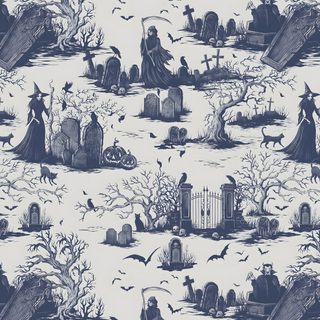 a blue and white halloween themed wallpaper with tombstones, witches, cemetery graves and bats Halloween Toile Graveyard Halloween, Halloween Toile Fabric, Spooky Cemetery Design, light gray