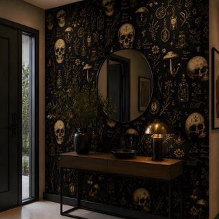 a room with skulls on the wall and a table in front of it that has a mirror Gothic Halloween For Home black
