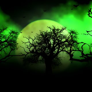 the full moon is seen through some trees in front of a green sky with bats Green Halloween Desktop Background Halloween, Gaming Background, Halloween Youtube Background, black