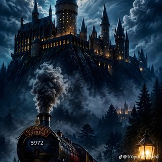 the hogwarts castle is lit up at night with a train coming down the tracks Harry Potter Halloween black