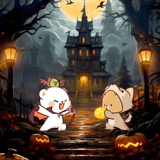 two cartoon characters are playing with pumpkins in front of a creepy house at night Milk And Mocha Halloween Halloween, Cute Halloween Panda, dark slate gray