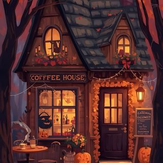 a painting of a coffee house with pumpkins on the ground and trees around it Cozy Halloween Aesthetic Halloween And Autumn, Fall Vibes Cozy, Pumpkin Vibes, Cozy Spooky, saddle brown