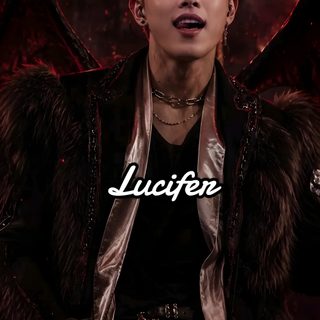 an image of a male with horns on his head and wings over his shoulder, in front of a red background Ateez Halloween black