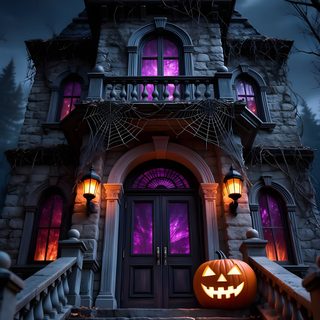 a creepy house with a jack - o - lantern on the steps Halloween Mansion Halloween Scary Aesthetic, Halloween Haunted Mansion Background, Halloween Mansion Background, dark slate gray