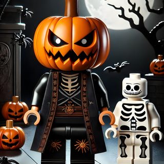 there is a lego halloween scene with pumpkins on the table and skeleton in front Halloween Lego Lego Halloween Clipart, Lego Halloween Png, Lego Halloween People, dark slate gray