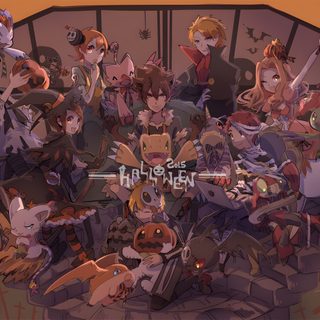 a bunch of people that are standing in front of a table with anime characters on it Digimon Halloween Digimon Christmas, Pokemon And Digimon, Digimon Background, dark olive green