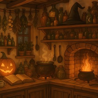 a kitchen with a fireplace and lots of cooking utensils Halloween Kitchen Fall Profile Picture, Fall Artwork Aesthetic, Cozy Halloween Background, maroon