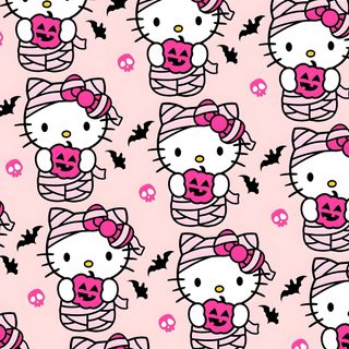 hello kitty halloween wallpaper with pink and black skulls, bats and pumpkins on it Pink Hello Kitty Halloween Hello Kitty Picture, Backgrounds Halloween, Cute Hello Kitty Halloween, misty rose