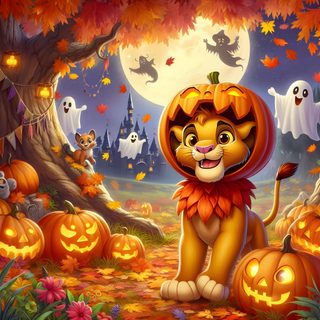 a lion in a pumpkin costume surrounded by jack - o'- lanterns Lion King Halloween Halloween Images Lion King, Halloween Lion King, Lion King Halloween, sienna
