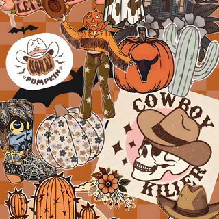a collage of various stickers and decals on a brown checkered background Aesthetic Cute Western Halloween Western Halloween Decor Ideas, Fall Western Background, Fall Western, peru
