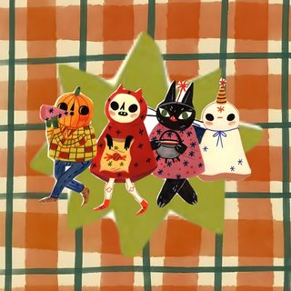 an orange and white checkered blanket with three cartoon characters on it Baggu Halloween Screen, peru