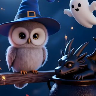 an owl sitting on a branch in front of a full moon with bats and pumpkins Halloween Owl dark slate gray