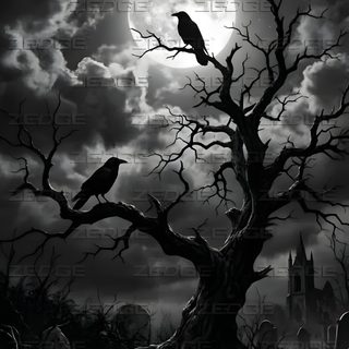 a black and white photo of two crows sitting on a tree in front of a full moon Halloween Crow Dark Custom Graveyard, Iphone Background, Coven, Dark Country Aesthetic, Drawings, black
