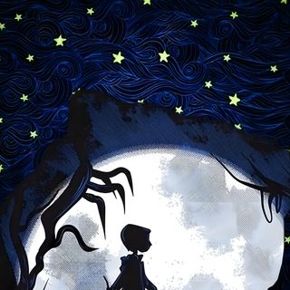the silhouette of a person walking with a dog in front of a full moon and stars Halloween Iphone Coraline Coraline And Wybie, Coraline Art, Coraline Movie, Coraline Aesthetic, black