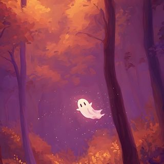 a painting of a white ghost floating in the air between two tall trees with purple leaves on them Halloween Art Iphone Cute Fall Ghost, Spooky Fall Aesthetic, Spooky Fall Phone, brown
