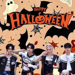 a group of young men standing next to each other in front of a halloween background Stray Kids Halloween Themed Halloween Costumes, Stray Kids Thanksgiving, Stray Kids Halloween, rosy brown