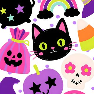 a black cat surrounded by halloween decorations and pumpkins, with a rainbow in the background Rainbow Halloween pale violet red