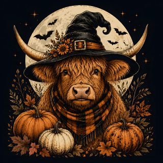 a brown cow wearing a witches hat and scarf with pumpkins around it's neck Cute Halloween Highland Cow black