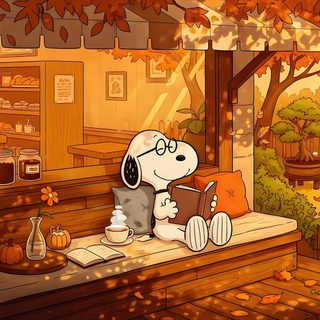 a dog sitting on a bench reading a book in front of an autumn scene with trees Snoopy Halloween Chromebook Backgrounds Desktop, Aesthetic Snoopy Fall Desktop, Study Time, Scenery, sienna