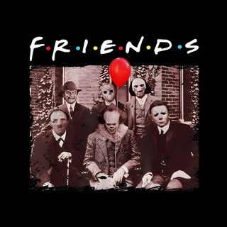a group of people standing next to each other in front of a red balloon with the words friends on it Halloween Horror Friends Horror Movie Wall Collage, Horror Movie Friends, Horror Movie Wall Prints, black