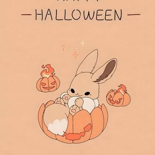 an image of a happy halloween card with a bunny and pumpkins on the front Cute Eevee Halloween Eevee Pumpkin, Pokemon Halloween, Eevee Christmas, Eevee Halloween, burlywood