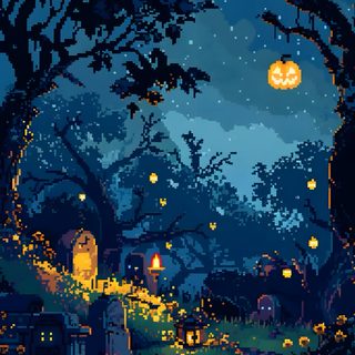 a painting of a cemetery at night with pumpkins on the ground and lights in the trees Halloween Pixel Art Pixel Art Background, Pixel Fall Background, Pixel Fall, Fall Pixel Gif, midnight blue