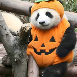 a panda bear in a pumpkin costume sitting on a tree branch and looking at the camera Halloween Panda Panda Eating Pumpkin, Autumn Panda, Fluffy Animals, Fluffy Dogs, Baby Panda Bears, dim gray