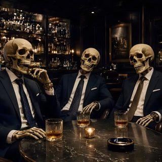 three skeletons dressed in suits sitting at a table with drinks and liquor glasses on it Halloween Skeleton Party Skeleton, Phone, black