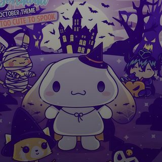 an image of some cartoon characters in front of a halloween scene with pumpkins and bats Happy Halloween Cinnamoroll Halloween Snoopy, Sumikko Gurashi Halloween, Halloween Kuromi, dark slate gray