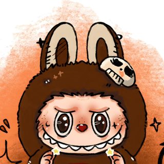 a drawing of a person wearing a bunny hat and holding a pumpkin in front of an orange background Halloween Labubu Labubu Pumpkin Painting, Halloween Labubu, Molang Halloween, dark salmon