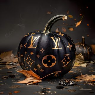 a black and gold painted pumpkin with louis vuitton on it Louis Vuitton Halloween Iphone Designer Pumpkin Decor, Halloween Louis Vuitton, Gucci Halloween, dark slate gray