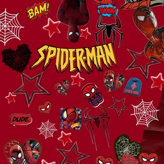 spiderman wallpaper with many stickers on the red background, and an image of various Halloween Spider Man Fantasy Aesthetic, Spiderman, dark red