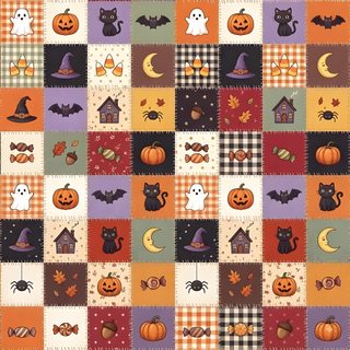 a patchwork quilt with pumpkins, bats and other decorations on it's sides Halloween Squares Custom peru