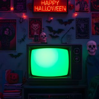 an old fashioned television with halloween decorations on the wall and a neon sign that says happy halloween Neon Aesthetic Halloween Screen Savers, Spooky Tv, Halloween Tv Background 4k, Black Light,